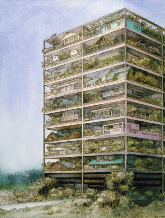 James Wines, Drawing of the Highrise of Homes (proiect teoretic), 1981, Colecția Jonathan Holt, © James Wines